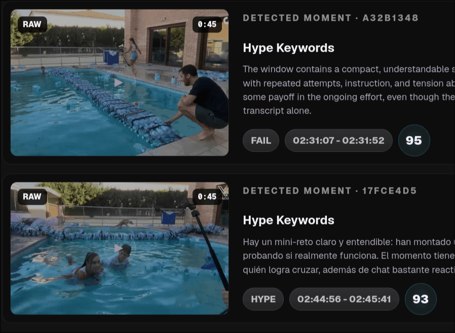 Detected moments listed with reasons and scores