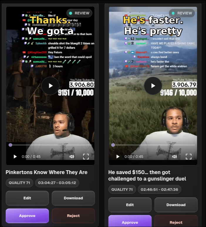 Rendered vertical clips ready to approve or download